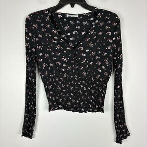 Paper Crane Cropped Smocked Waist Women SZ S Floral Ditzy Print Long Sleeve Boho